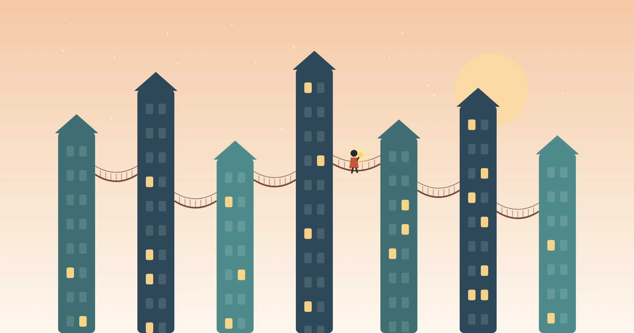 Tall slender towers at dusk, linked by small rope bridges, with a person carrying a lantern across one of them.